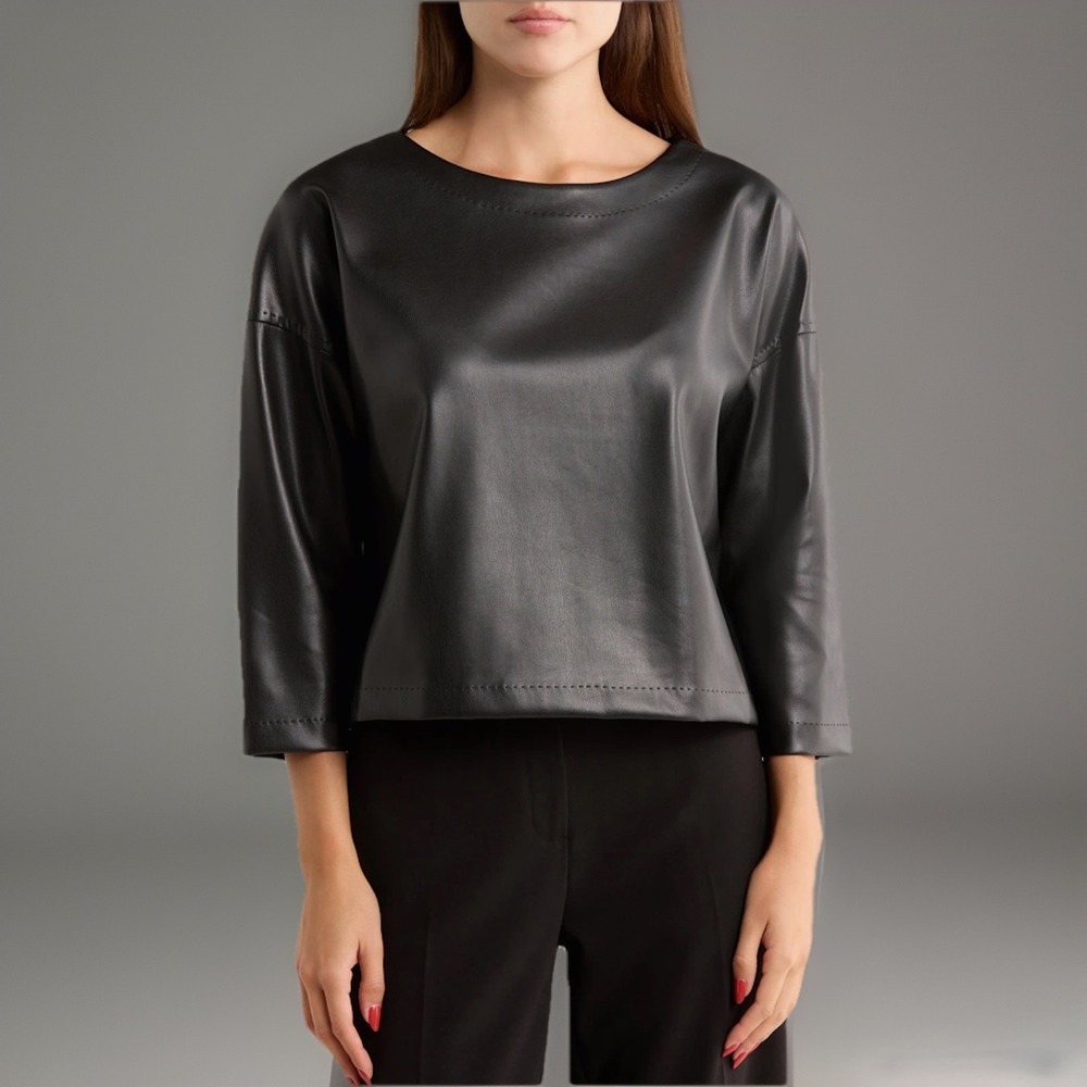 NWT Max Studio Faux Leather 3/4 Sleeve Black Top‎ Womens Size XL